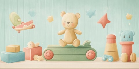 Teddy Bear and Wooden Toys in a Nursery Room
