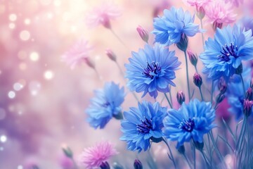 Obraz premium Whimsical Blue and Pink Flowers in Soft Focus Garden