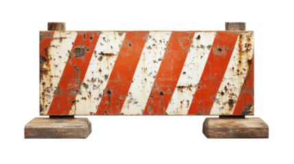 A worn construction barrier blocks the way with bold stripes, isolated on a transparent background. PNG
