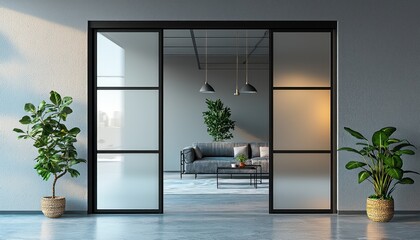 3D rendering of a frosted glass and metal sliding door with a double panel design