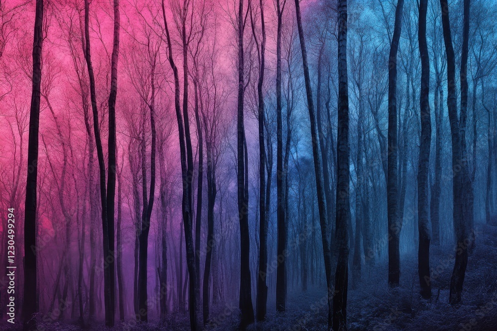 Poster ethereal forest with vibrant colors at twilight creating a surreal atmosphere