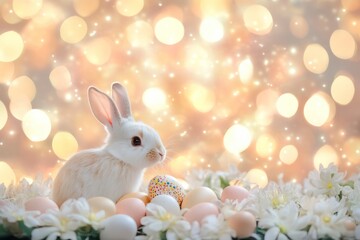 White rabbit on golden bokeh background among easter eggs. Easter and spring celebration concept. Spring card with space for text