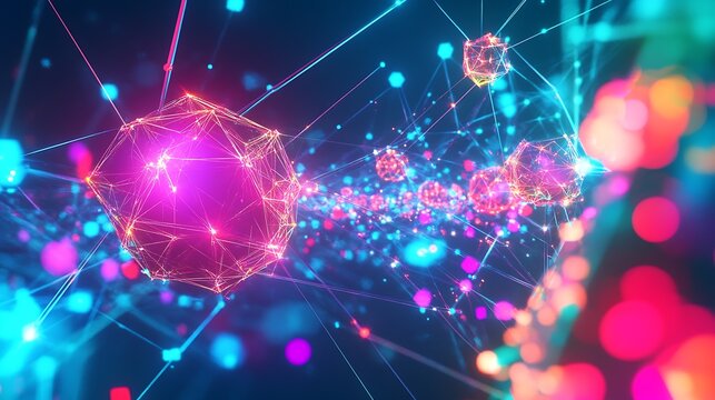 Abstract data network with purple crystal objects