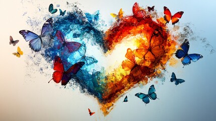 Colorful butterflies  heart on white background