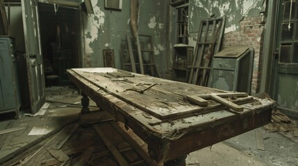 Obraz premium Abandoned eerie hospital room with an old rusty medical bed