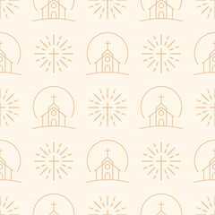Minimalist vector seamless pattern with church and cross symbols. Beige religious background with linear elements