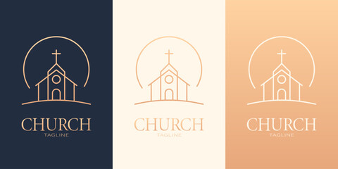 Minimalist church logo with cross and elegant typography. Religious emblem in three color variations. Best for web, print, polygraphy, businesscards, signboards, logo and branding design.