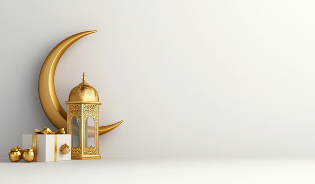 Islamic background, Gift box, lantern, gold crescent moon on white. Design concept of ramadan kareem, mawlid, iftar,isra and miraj or eid al fitr adha, copy space text area, 3D illustration.