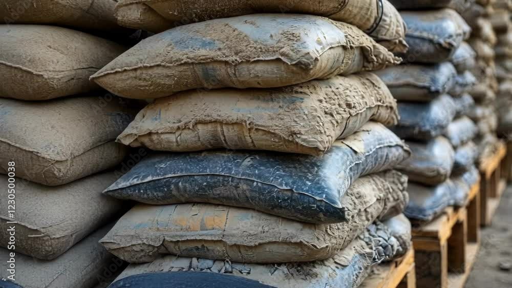 Poster a closeup of a pallet covered with bags of local aggregate the grains of sand and stone in varying s