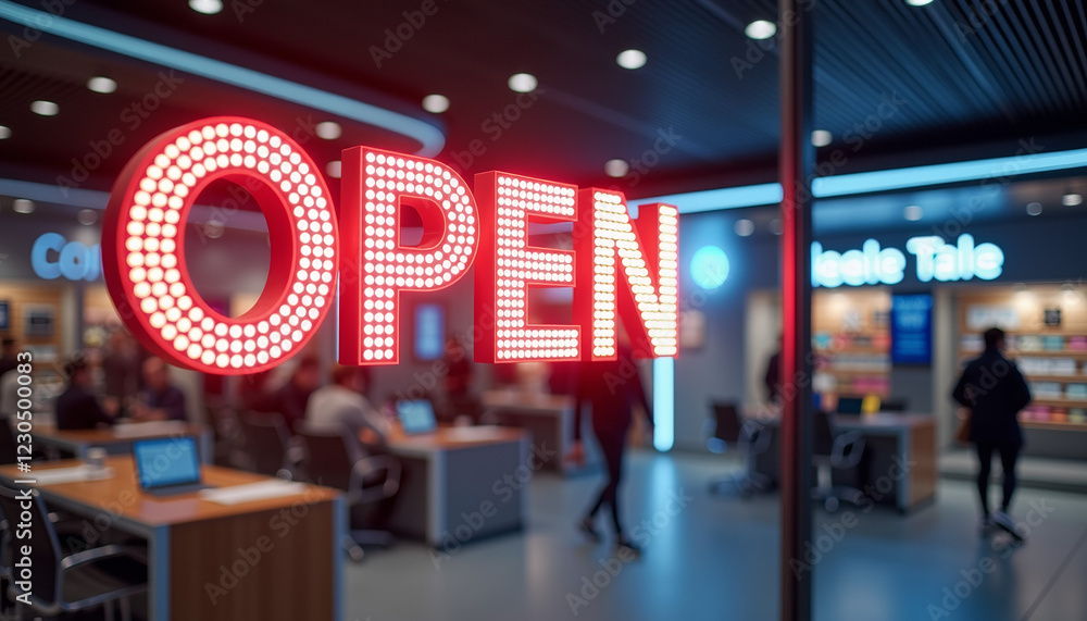 Poster modern tech retail concept featuring glowing digital open sign with animated text effects on transpa