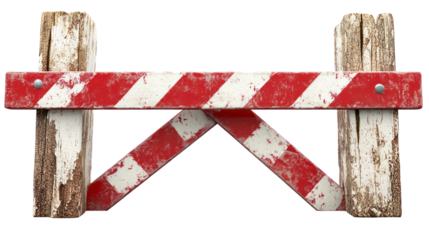 Barrier made of wooden posts and striped wood indicating no entry, isolated on a transparent background. PNG
