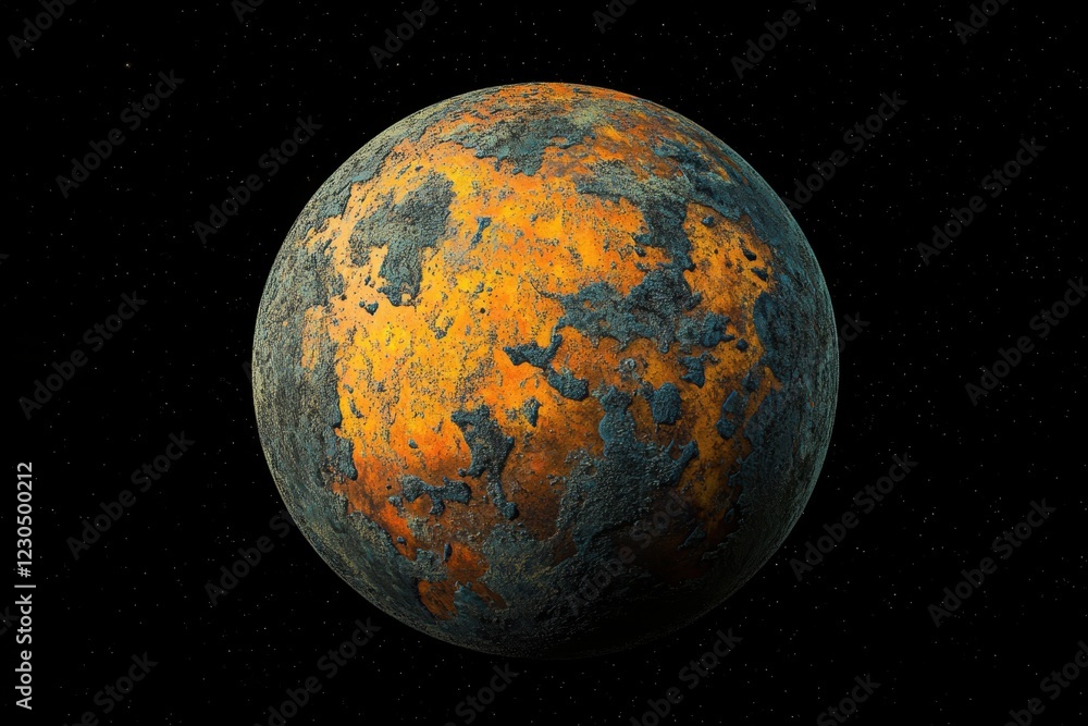 Poster surreal planet with vibrant orange and blue textures floating in deep space