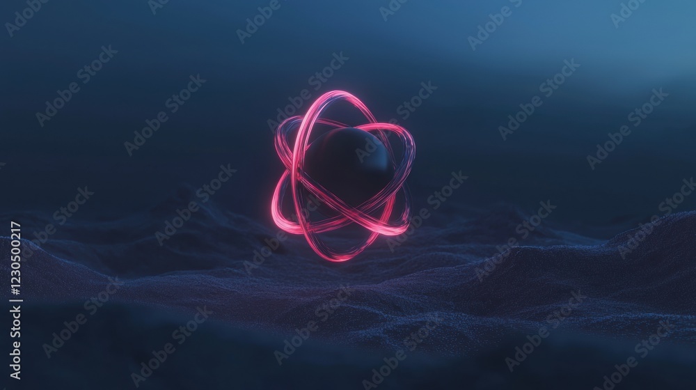 Poster digital illustration of a black sphere in the center of a dark blue background. the sphere is made u