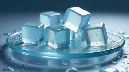 Fresh ice cubes melting on a wet blue surface with scattered water droplets	