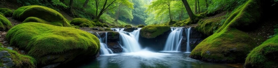 Obraz premium Waterfall at Golitha Falls with moss covered rocks, forest, cornwall