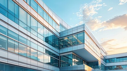 A contemporary hospital building with glass facades and clean architectural lines, representing modern healthcare infrastructure