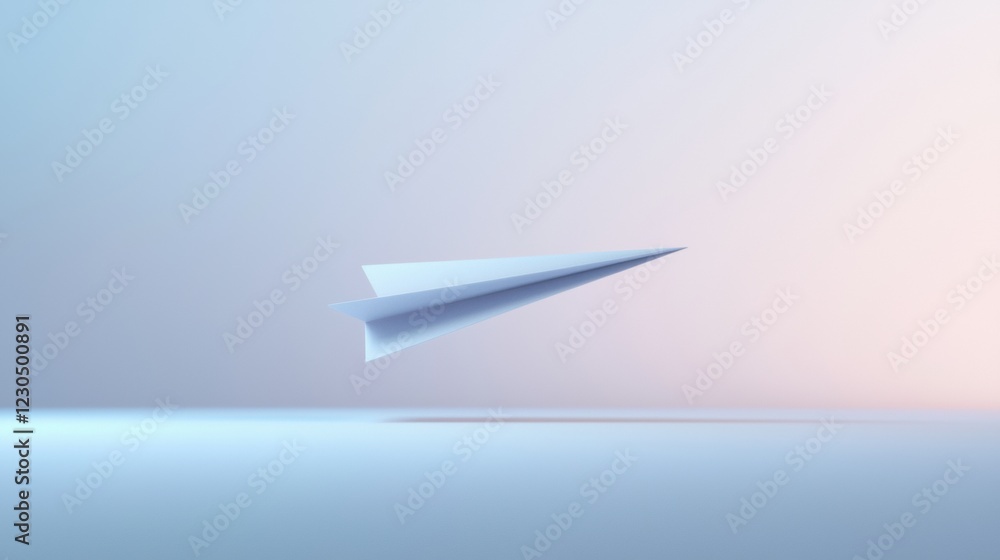 Poster digital illustration of a paper airplane flying in the sky. the paper airplane is white and is in th