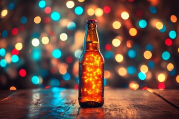 Bottle of Beer with Festive Bokeh Lights