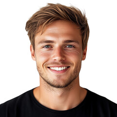 Obraz premium Young man with a joyful expression smiling directly at the viewer, isolated on a transparent background. PNG