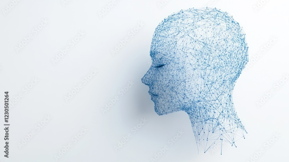 Poster abstract profile of a human head made of interconnected dots and lines on a white background.