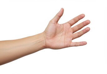An outstretched human hand with fingers slightly curved, showing smooth skin isolated on a white background