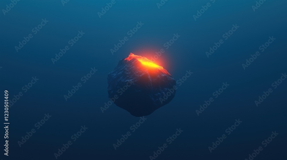 Poster 3d rendering of a small island in the middle of a deep blue ocean. the island appears to be made of 