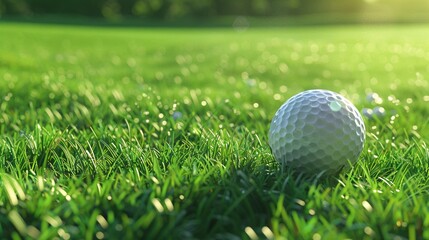 Obraz premium Close-up of a golf ball on a lush green field with soft sunlight