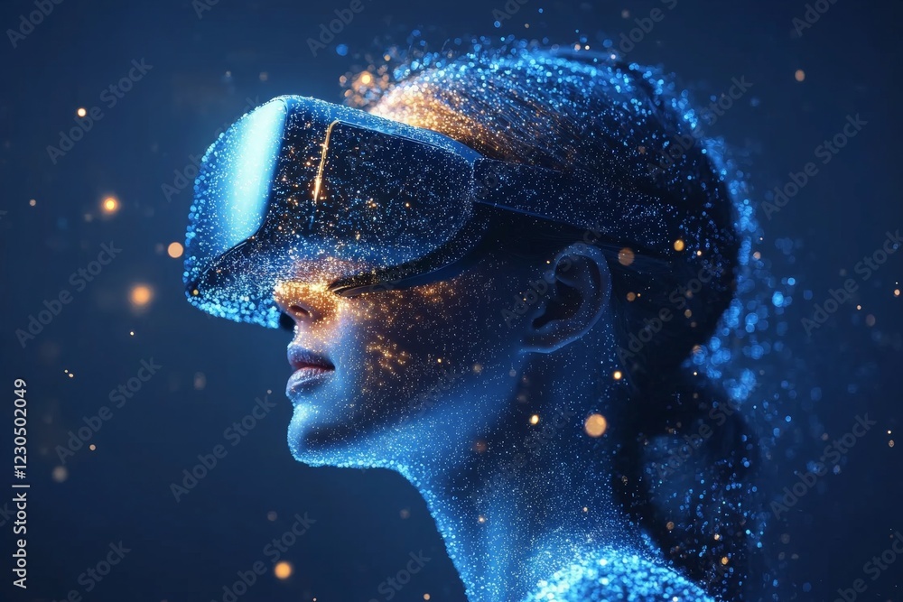 Aufkleber captivating exploration of virtual reality with a woman immersed in a digital universe of light and 