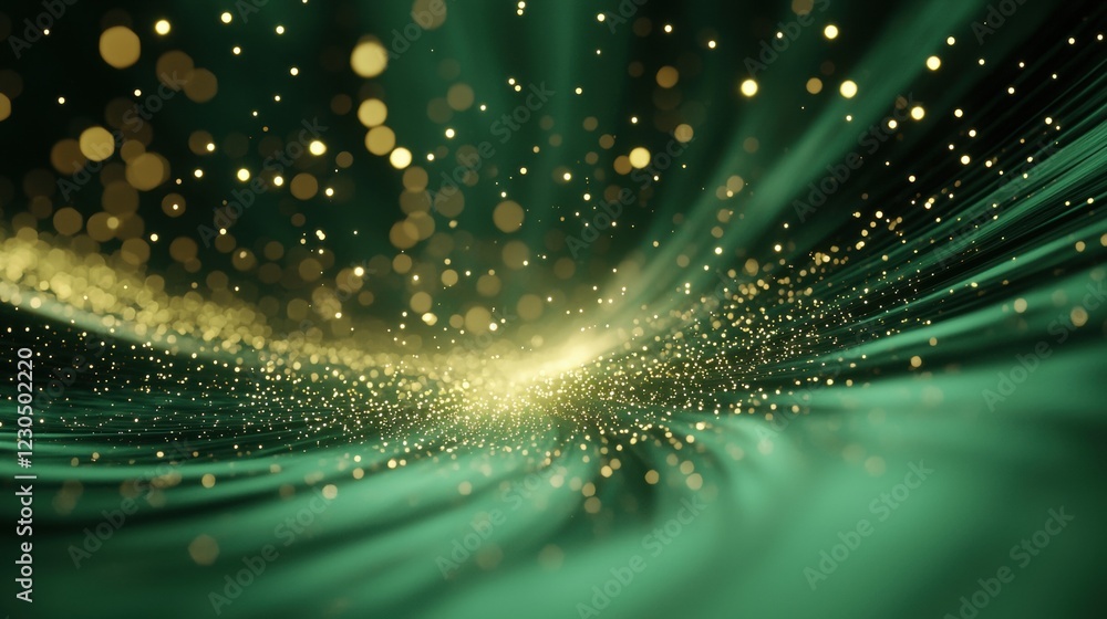Aufkleber abstract digital art piece with a dark green background. the background is filled with small gold do