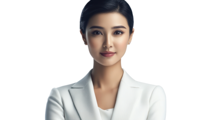 Confident woman in white suit on clear backdrop, isolated on a transparent background. PNG