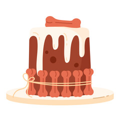 Dog birthday cake with mini bones. Cake with dog friendly ingredients. Homemade pet treats. Vector illustration in cartoon style. Isolated white background
