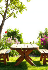 wooden table in garden , with white tonespng