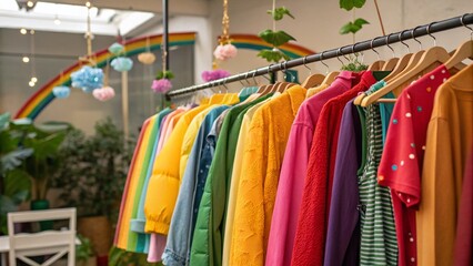 Fototapeta premium Vibrant Sustainable Clothing on Rack: Eco-Friendly Thrift Store Fashion