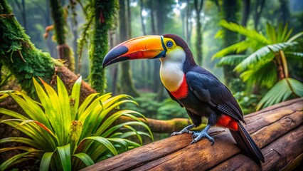 Obraz premium Vibrant Toucan on Brazilian Log - Panoramic Bird Park Scene