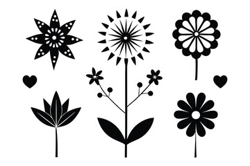 Black and White Floral Silhouette Set with Decorative Patterns