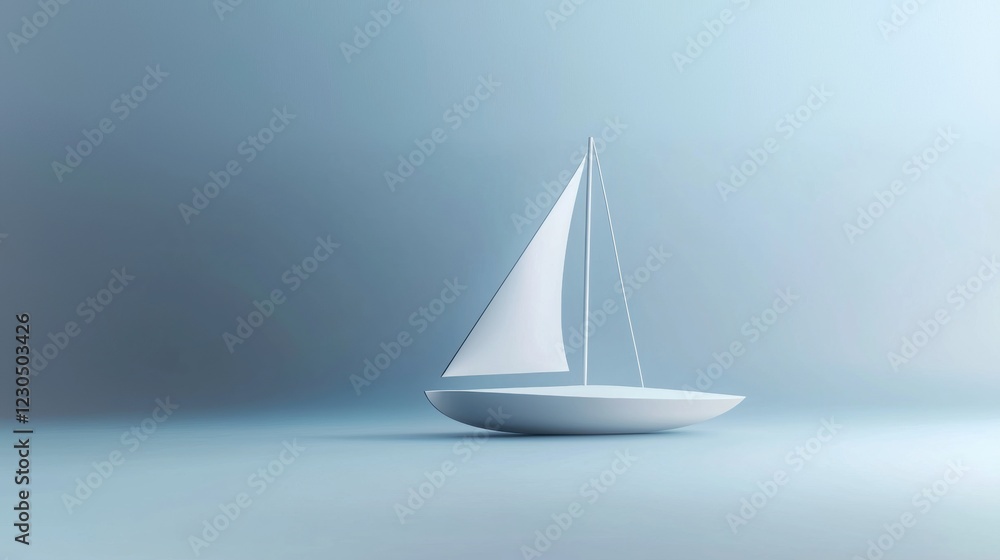 Poster 3d rendering of a small white sailboat on a light blue background. the sailboat is in the center of 