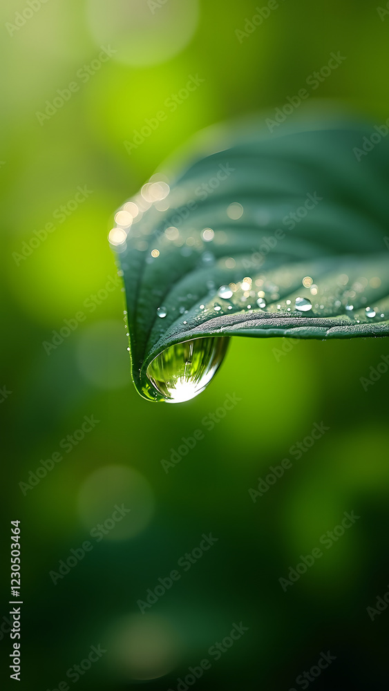Poster a close-up view of a green leaf with water droplets clinging to its edge, illuminated by soft natura