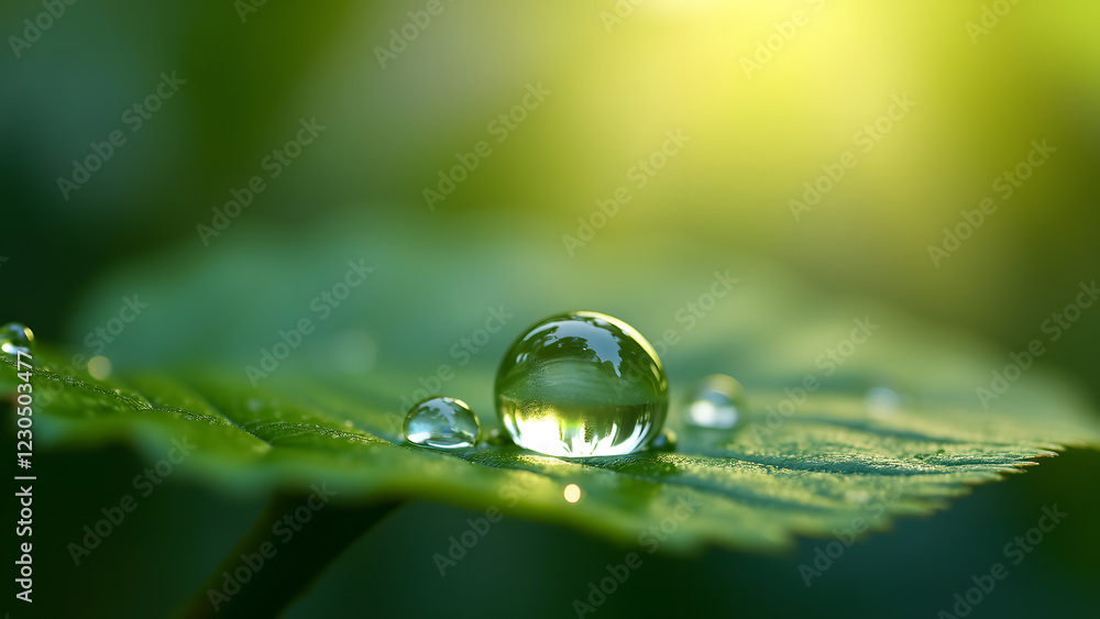 Poster a close-up of water droplets resting on a green leaf, with a soft blurred background and warm light 