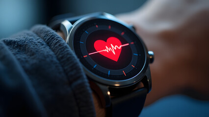 A close-up of a smartwatch displaying a red heart rate icon on a dark screen, showcasing health monitoring technology and digital wellness in modern life