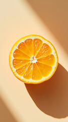 A vibrant orange slice displays its juicy segments against a soft peach background, emphasizing its freshness and colorfulness