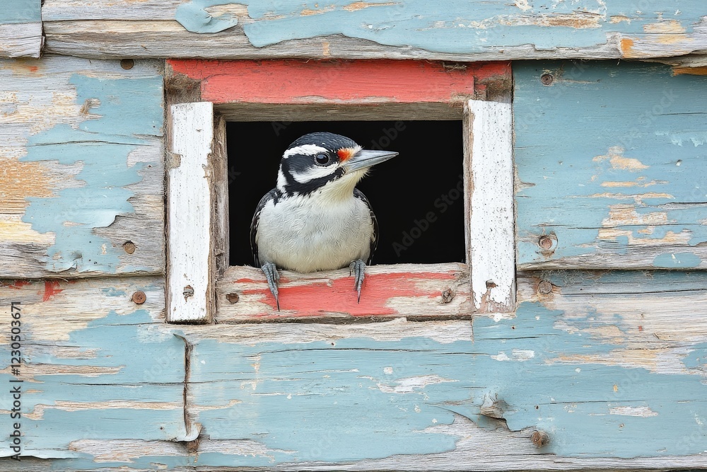 Poster woodpecker examines surroundings from a rustic birdhouse window in a forest setting