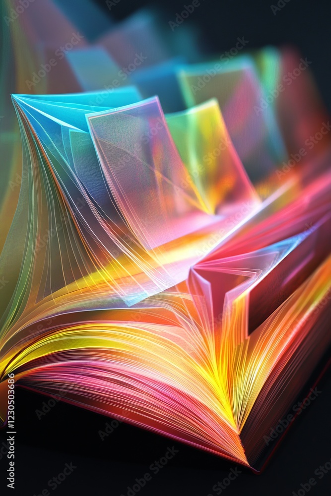 Poster a stunning abstract image of a colorful open book with neon pages, creating a dynamic and vibrant li
