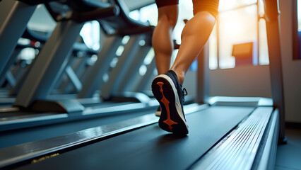 A person with tanned skin jogs on a treadmill in a gym, sunlight streaming through windows, creating a motivating atmosphere for fitness and exercise