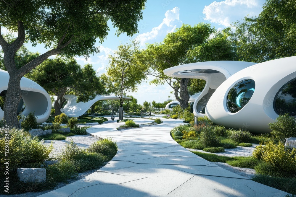 Poster modern architectural design integrates nature with futuristic structures in a serene environment