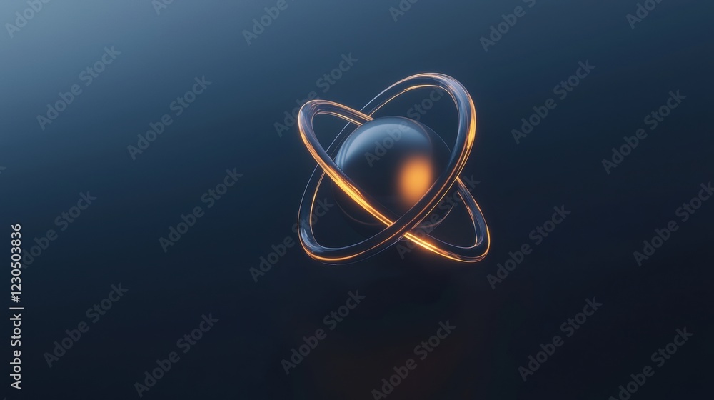 Poster digital illustration of an atom. the atom is in the center of the image and is made up of two rings,
