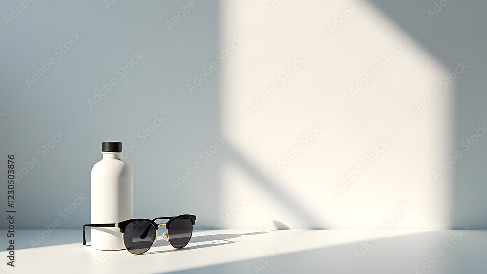 Poster a minimalistic scene featuring a white bottle and stylish sunglasses on a flat surface with soft sha
