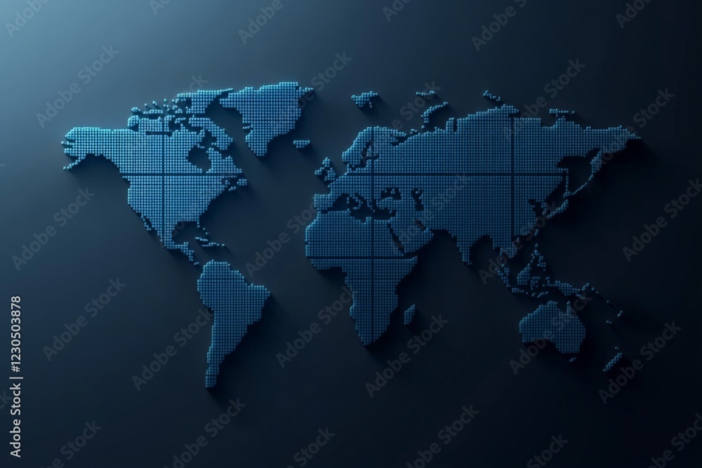 Poster Digital world map in a blue grid design representing global connectivity and technology in a modern context