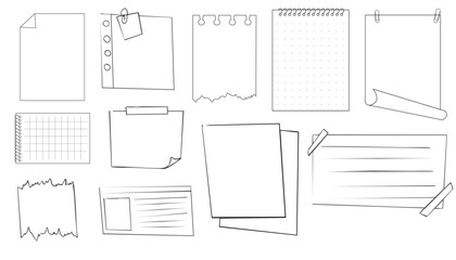 Memo sticky note reminder sheet paper. Doodle paper frame, check list with pin, tape, paperclip elements. Set cute notes, office or school messages.