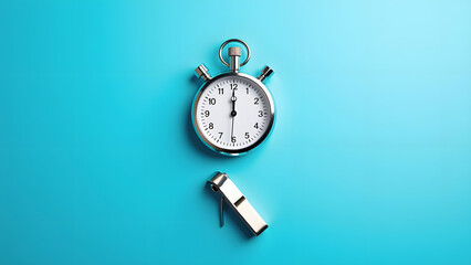 A silver stopwatch and metallic whistle are displayed against a bright blue background, symbolizing time management and sports or fitness activities