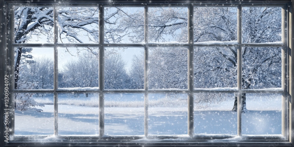 Poster a large window with snow covering the ground outside. the view from the window includes a beautiful 